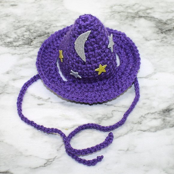 HAND CRAFTED Crochet Halloween Wizard Hat Moon Stars Costume Photo Prop - Picture 5 of 14